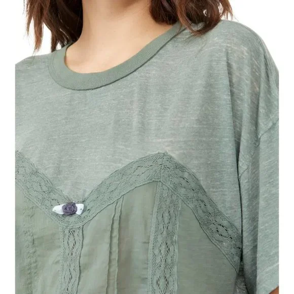 NWT Free People - Fall in Love Lace Inset T-Shirt.Color - Washed Army, Size - XL - Picture 4 of 8
